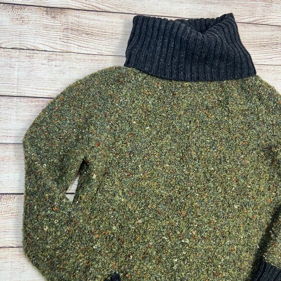 Cynthia Rowley Green Speckled Turtleneck Sweater Small Charcoal Trim Cozy - Picture 10 of 11